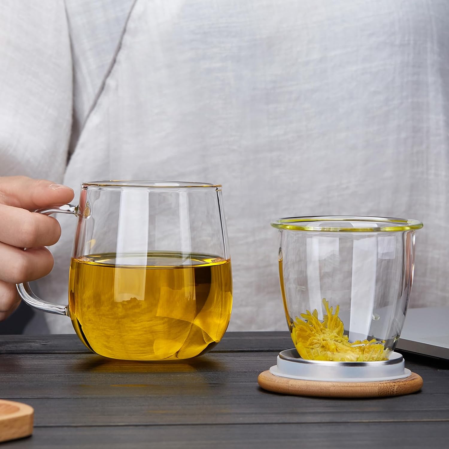 Pocarati Glass Tea Cup – 500ml Heat-Resistant Mug with Removable Infuser &amp; Bamboo Lid