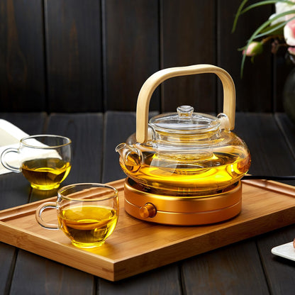 Heat-Resistant Glass Teapot 800ml – Bamboo Handle, Flat Design, Direct Fire Safe