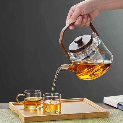 Pocarati Heat-Resistant Glass Teapot 1090ml – Wooden Handle, Tea Strainer, Direct Flame Safe