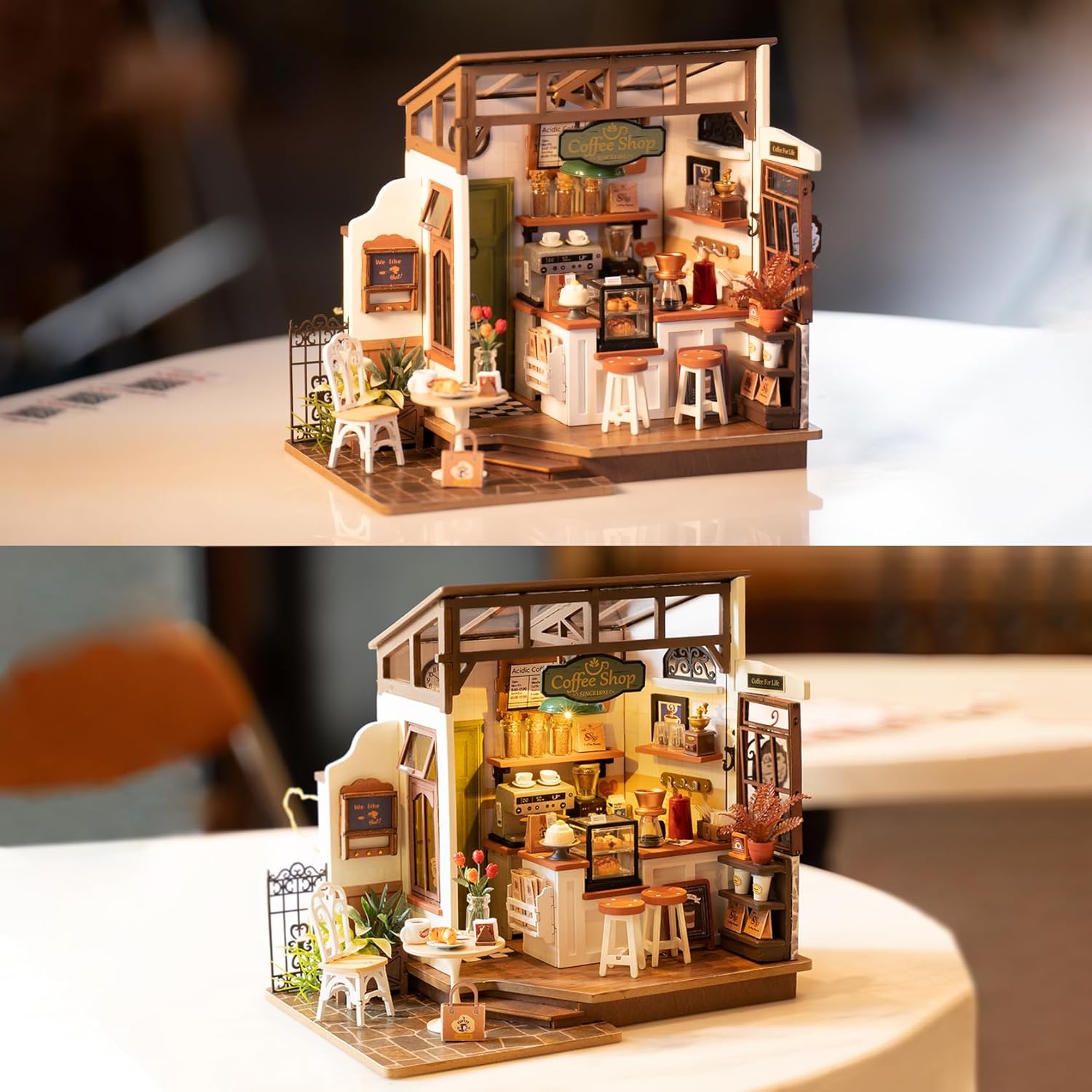 ROBOTIME DIY Miniature Café Dollhouse Kit with LED Lights – Handmade Model House Craft for Home Décor &amp; Gifts