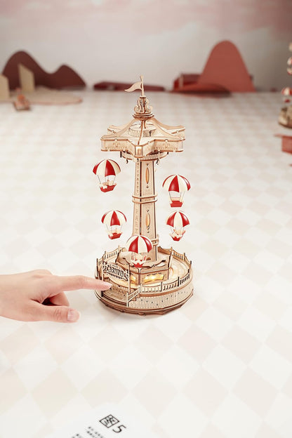 ROBOTIME Amusement Park Parachute Tower 3D Wooden Puzzle – 184 Piece DIY Mechanical Model Kit