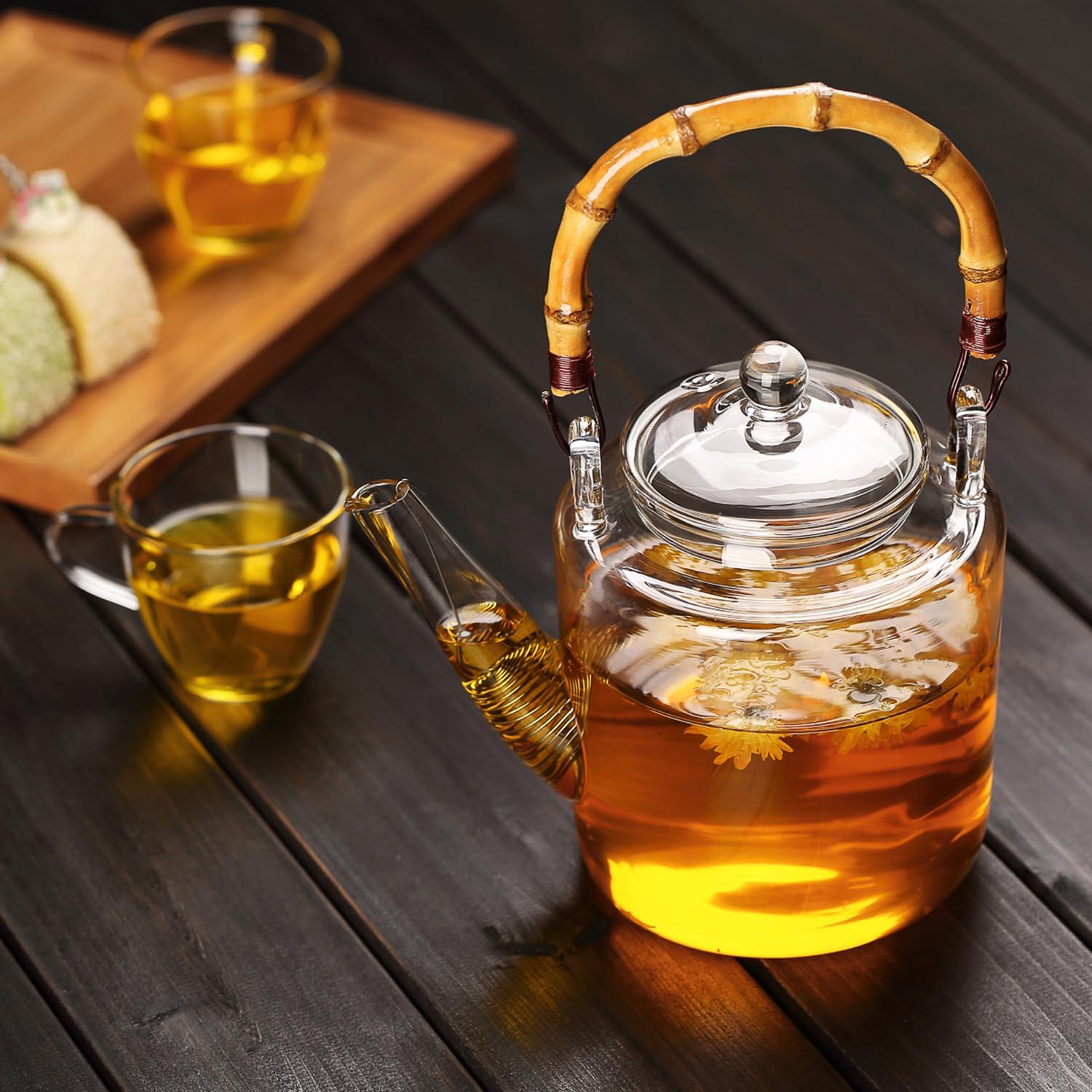 Pocarati Wild Glass Teapot 1350ml – Heat-Resistant, Direct Flame Safe with Gold Strainer