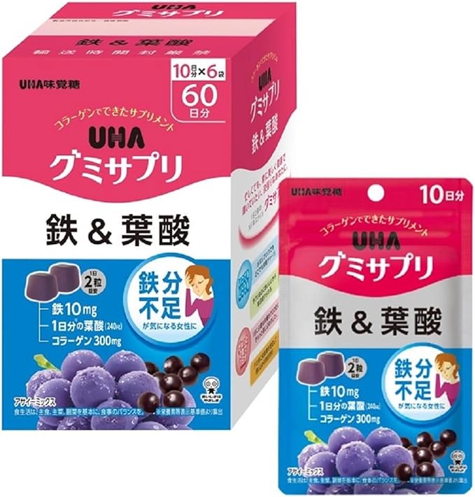UHA Mikakuto Gummy Supplement, Iron &amp; Folic Acid, 60 Day Supply (10 Day Supply x 6 Boxes) (EC Exclusive)