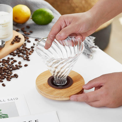 Heat-Resistant Glass Coffee Dripper – High-Clarity Tornado Pour Over Brewer with Bamboo Base