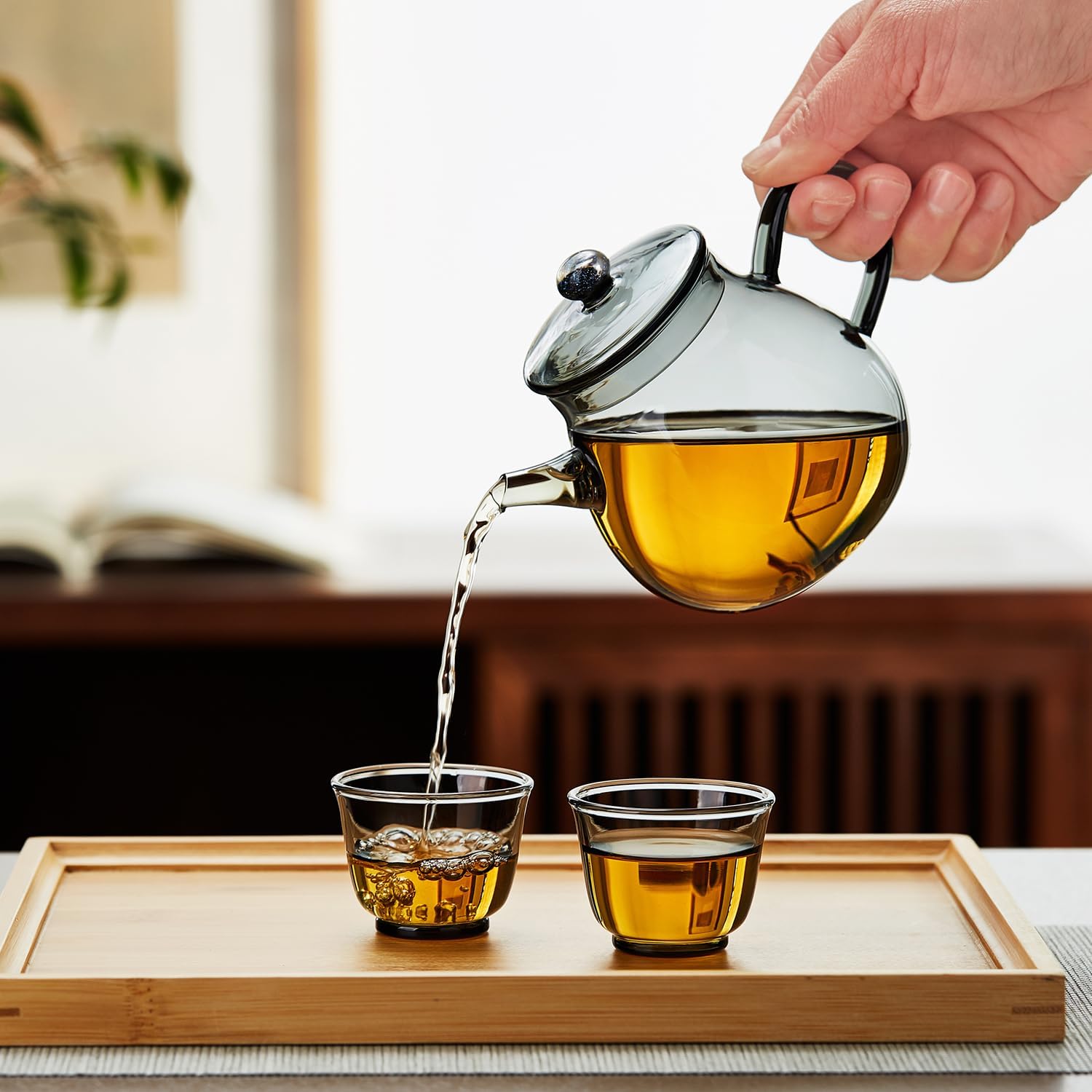 Pokaroty Heat-Resistant Glass Teapot 370ml – Ink Design, Integrated Spout Filter, Japanese Style Compact Teapot