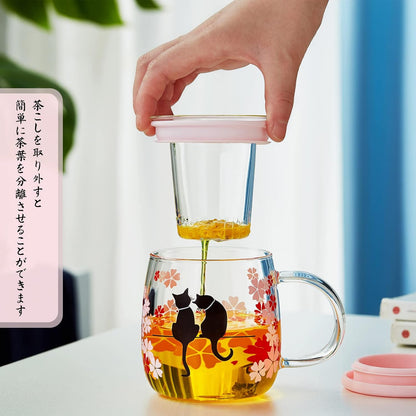 Heat-Resistant Glass Tea Strainer Mug – Cherry Blossom Color-Changing Cat Cup