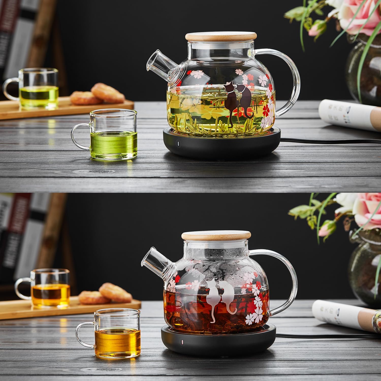 Pocarati Cherry Blossom Cat Glass Teapot 1000ml – Heat Resistant, Cute Round Design, Direct Flame Safe