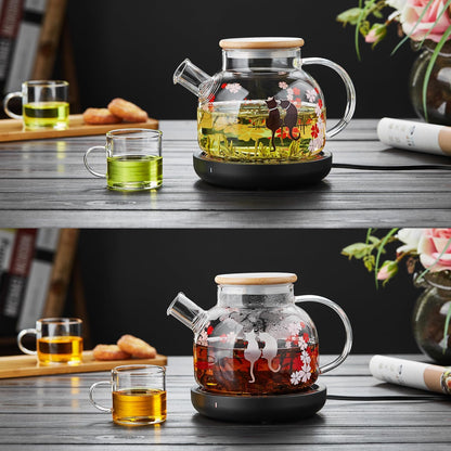 Pocarati Cherry Blossom Cat Glass Teapot 1000ml – Heat Resistant, Cute Round Design, Direct Flame Safe