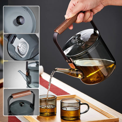 Heat-Resistant Glass Teapot 1100ml – Ink Design, Wooden Handle, Direct Fire Safe, Stylish Craft Tea Kettle