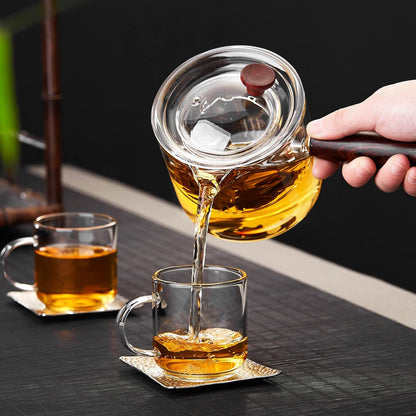 Pocarati Heat-Resistant Glass Teapot 500ml – Side Wooden Handle, Direct Flame Safe, with Glass Tea Strainer