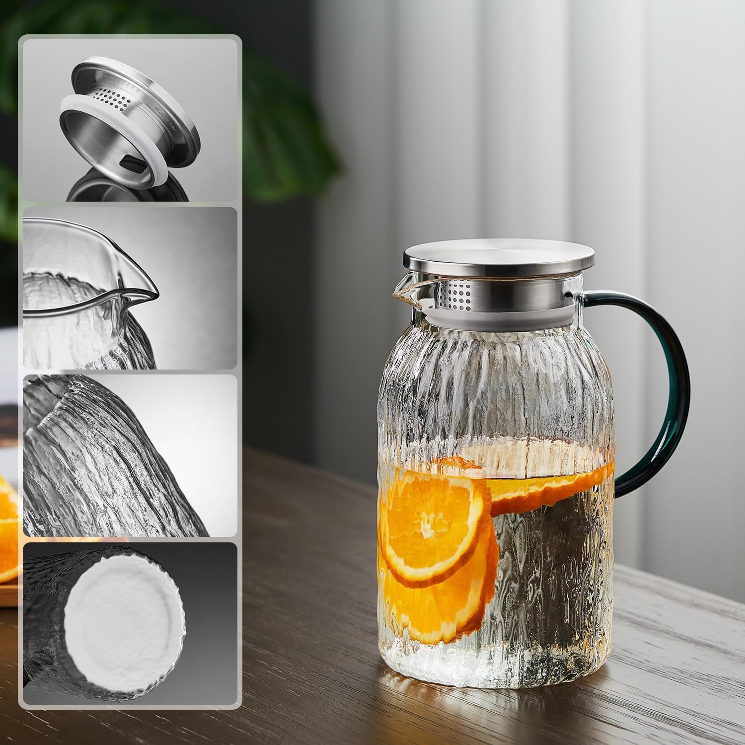 Pocarati Heat-Resistant Glass Pitcher – 1500ml Wood Grain Design Water Carafe