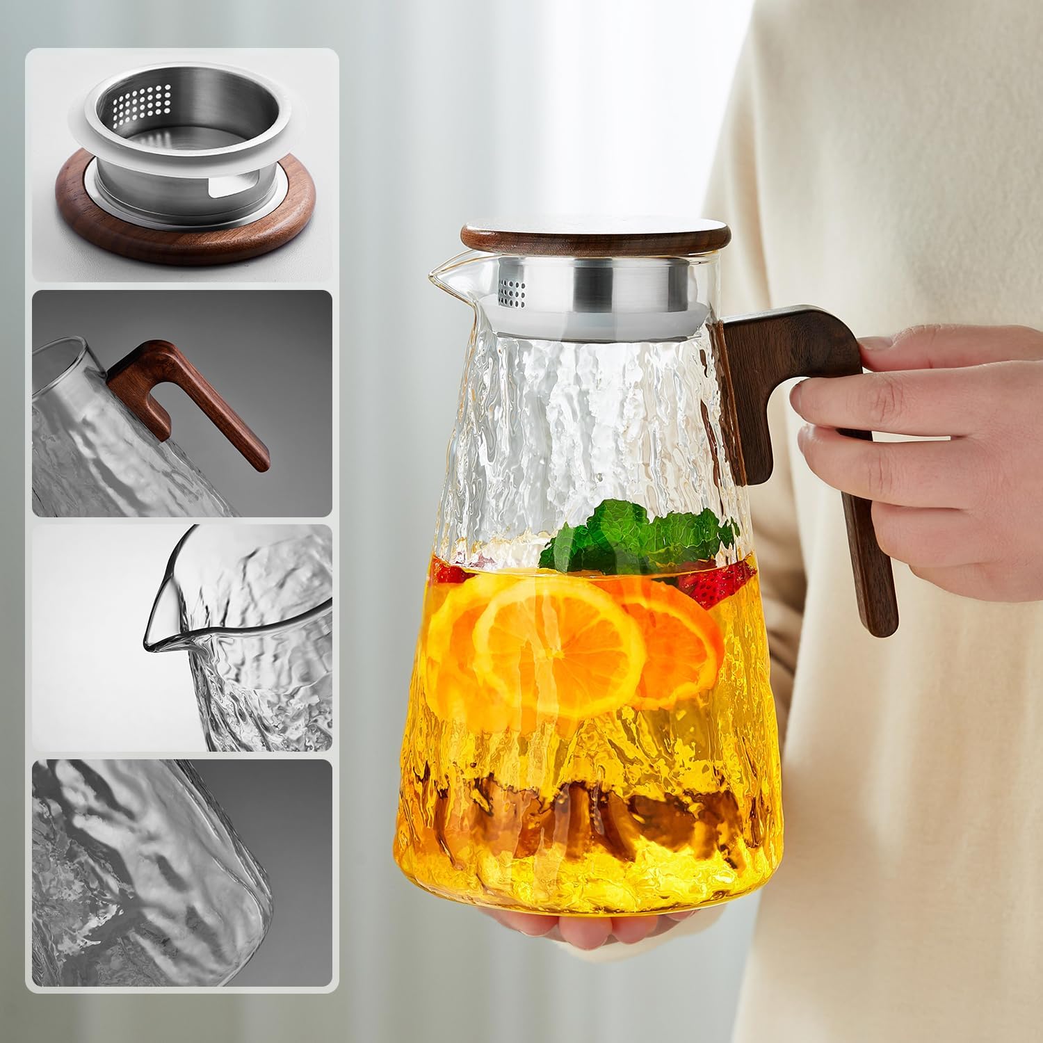Pocalotea Heat-Resistant Glass Tea Pitcher – 1750ml Large Capacity Carafe with Wooden Handle