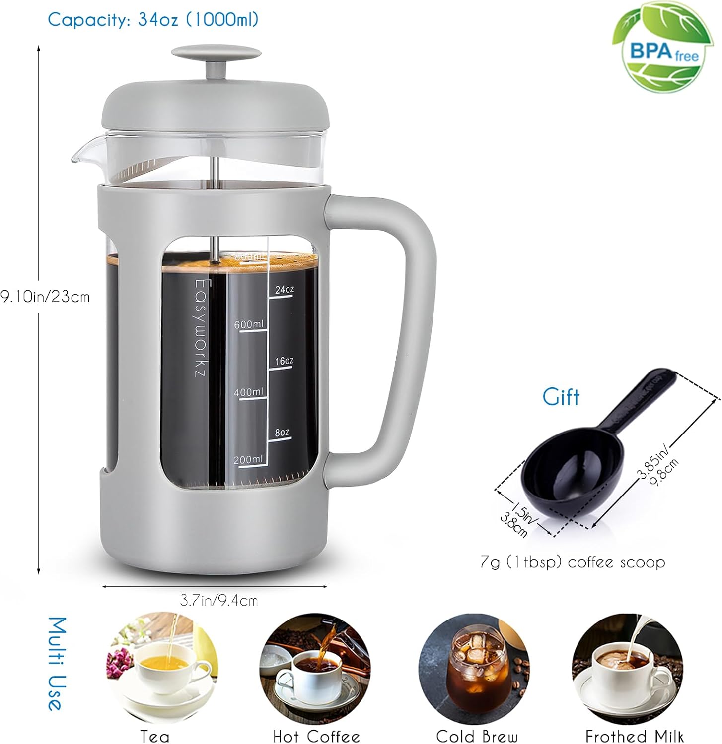 Easyworkz French Press Coffee &amp; Tea Maker – Heat-Resistant Glass, Soft Grip Handle, 1000ml (8 Cups), Light Grey