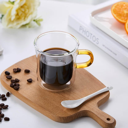 Pocarati Double Wall Glass Mug – 270ml Heat-Resistant Coffee &amp; Tea Cup with Amber Handle