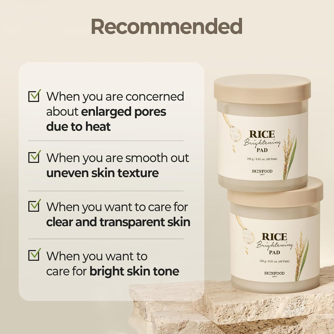 SKINFOOD Rice Brightening Toner Pads – Moisturizing Korean Skincare Pads (250g, 60 Sheets)