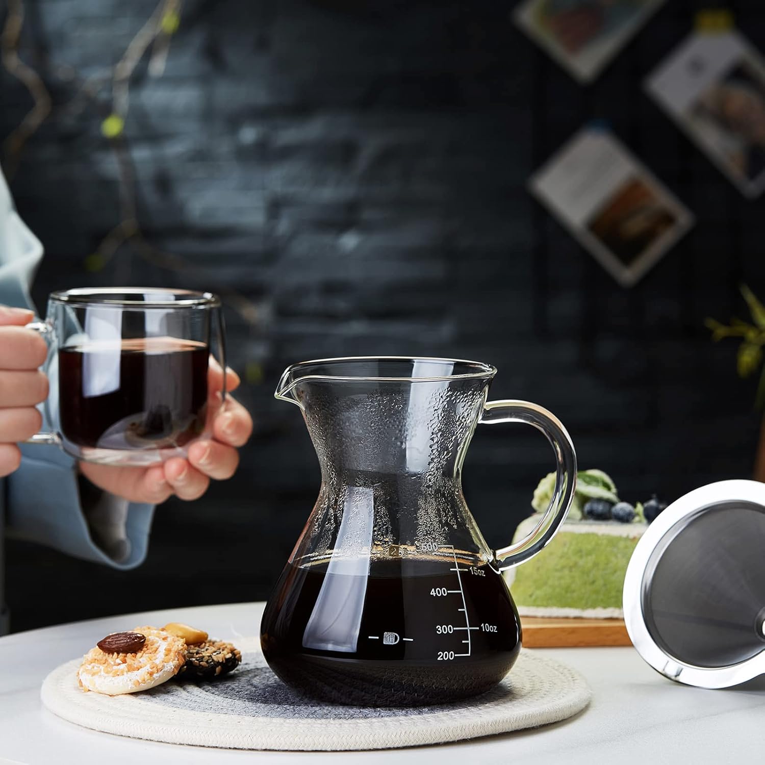 Pokarotee Drip Coffee Server – 500ml Glass Carafe with Reusable Stainless Steel Filter