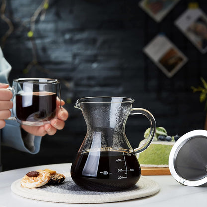 Pokarotee Drip Coffee Server – 500ml Glass Carafe with Reusable Stainless Steel Filter