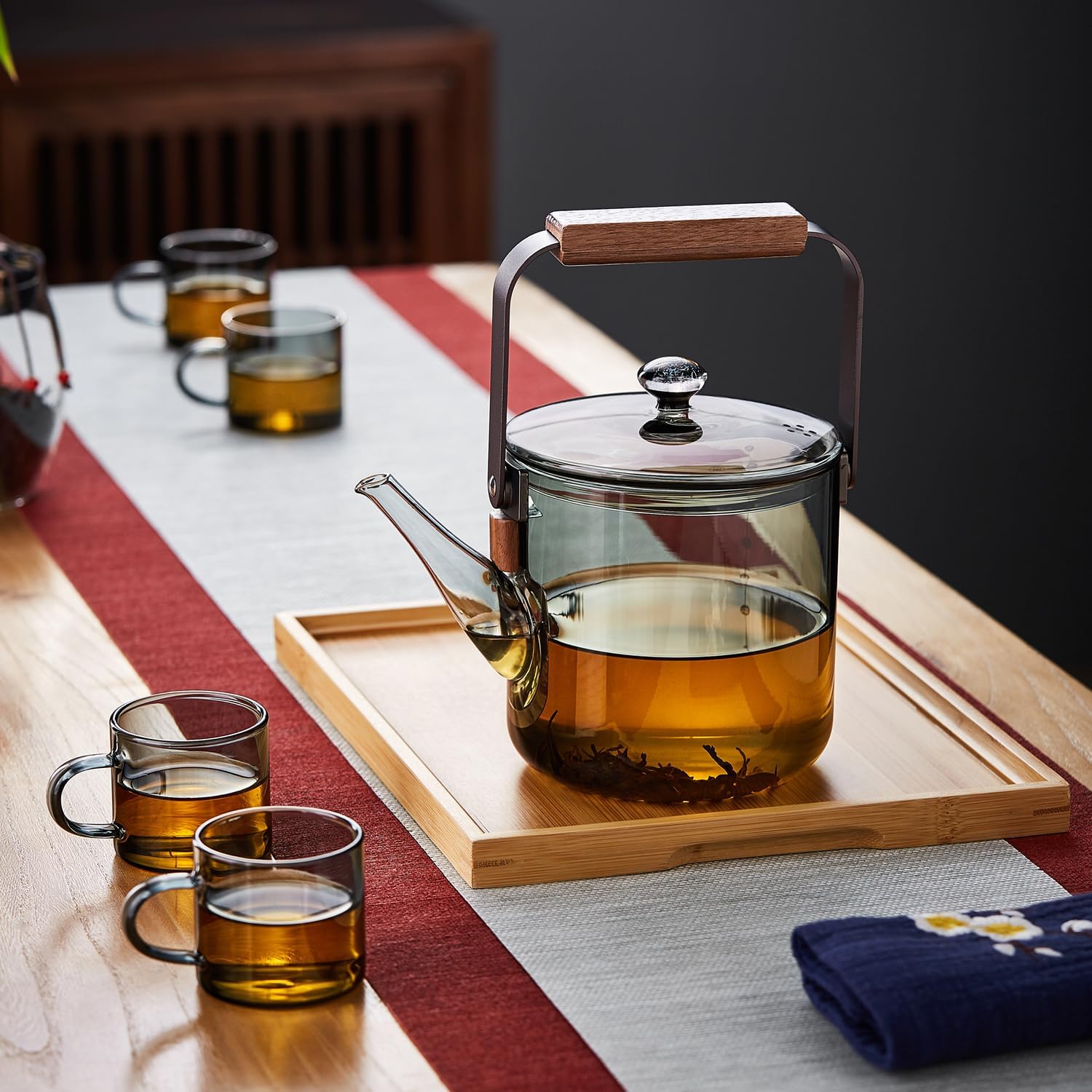 Heat-Resistant Glass Teapot 1100ml – Ink Design, Wooden Handle, Direct Fire Safe, Stylish Craft Tea Kettle