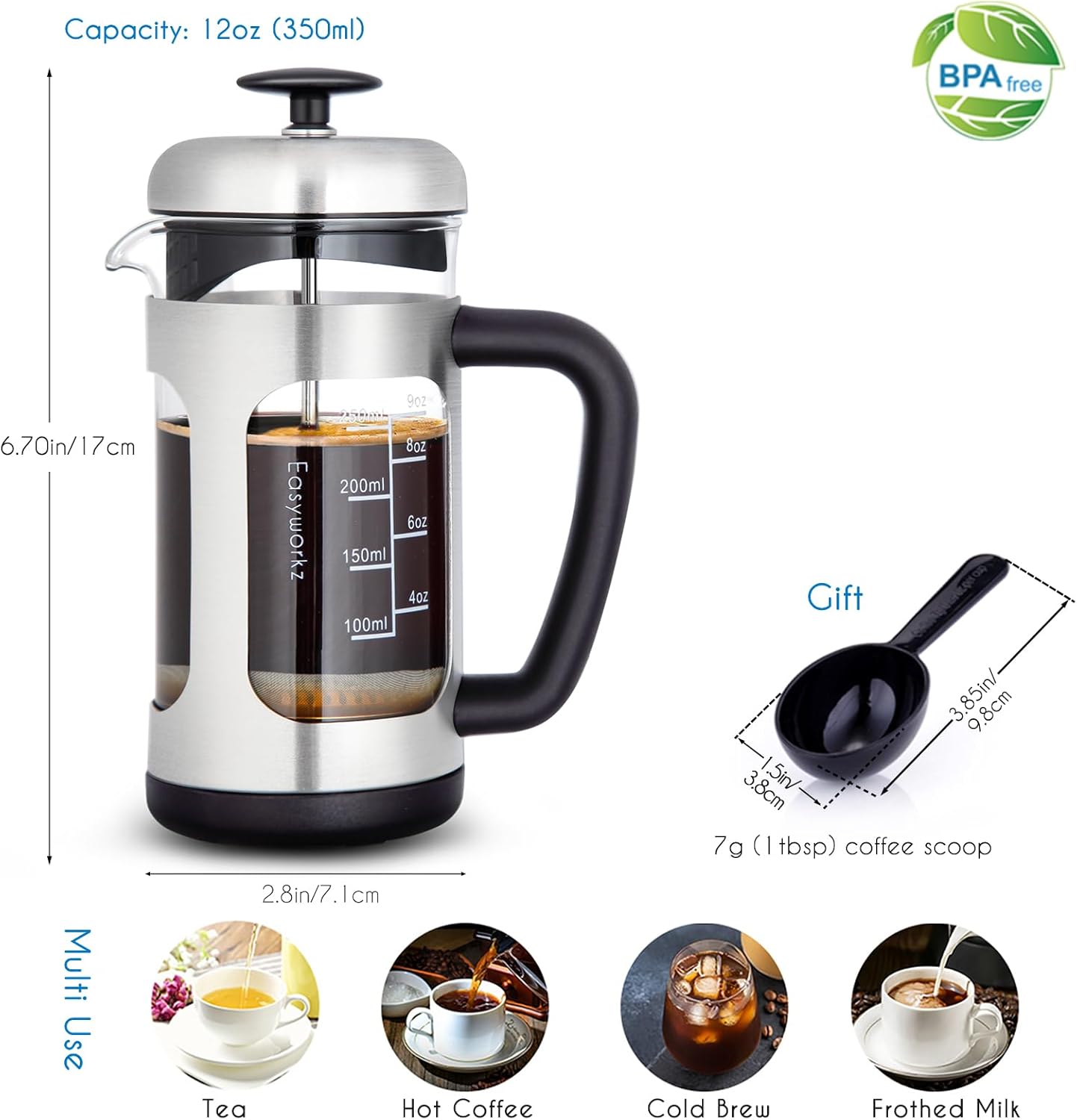 Easyworkz French Press Coffee &amp; Tea Maker – Stainless Steel Frame, Heat-Resistant Glass, Soft Grip Handle, 350ml (3 Cups), Silver