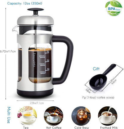 Easyworkz French Press Coffee &amp; Tea Maker – Stainless Steel Frame, Heat-Resistant Glass, Soft Grip Handle, 350ml (3 Cups), Silver