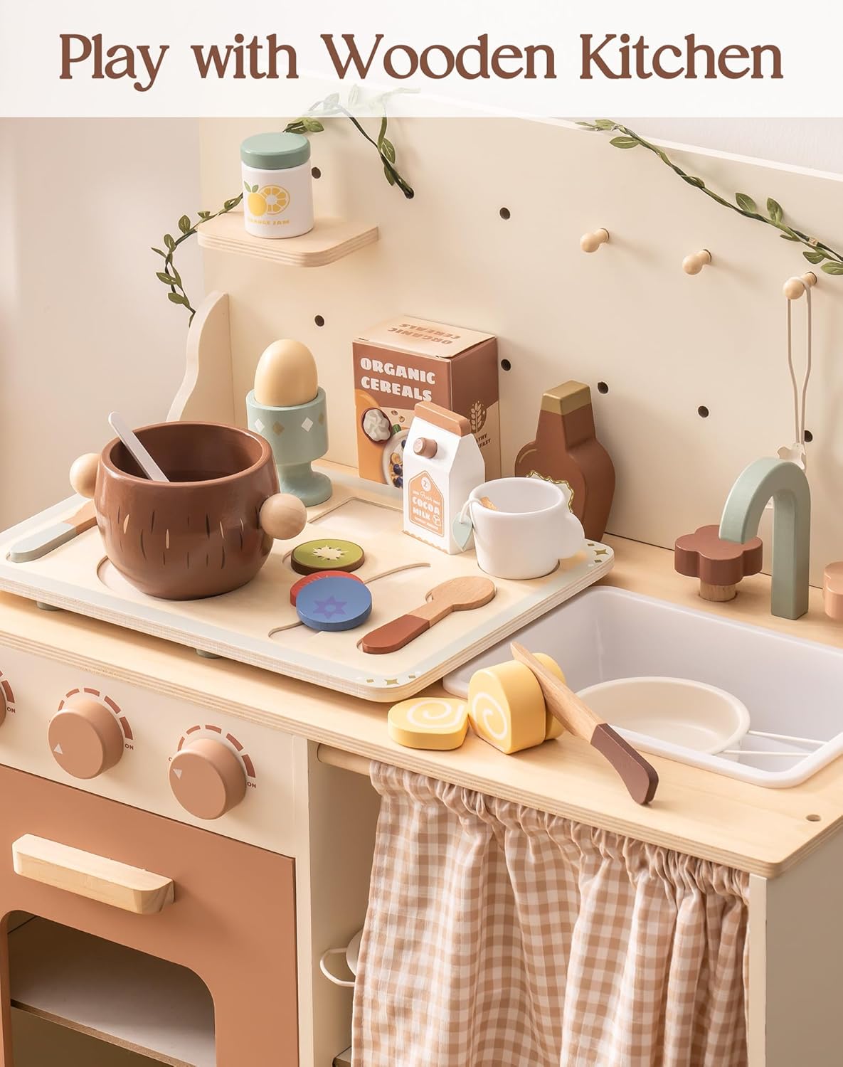 ROBOTIME Wooden Play Food Set for Kids – Pretend Kitchen Toy Breakfast Food Accessories with Tray