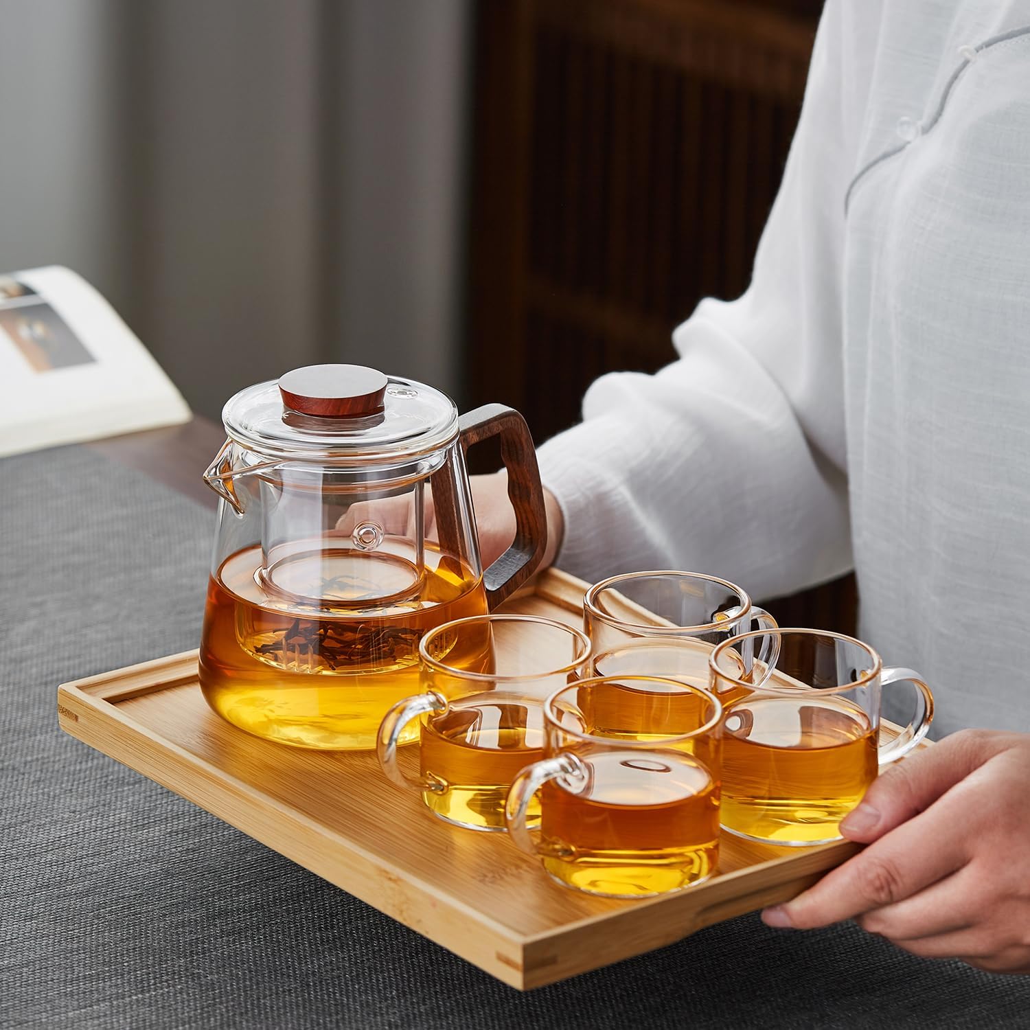 Handmade Heat-Resistant Glass Teapot 650ml – Direct Fire Safe with Wooden Handle &amp; Tea Infuser