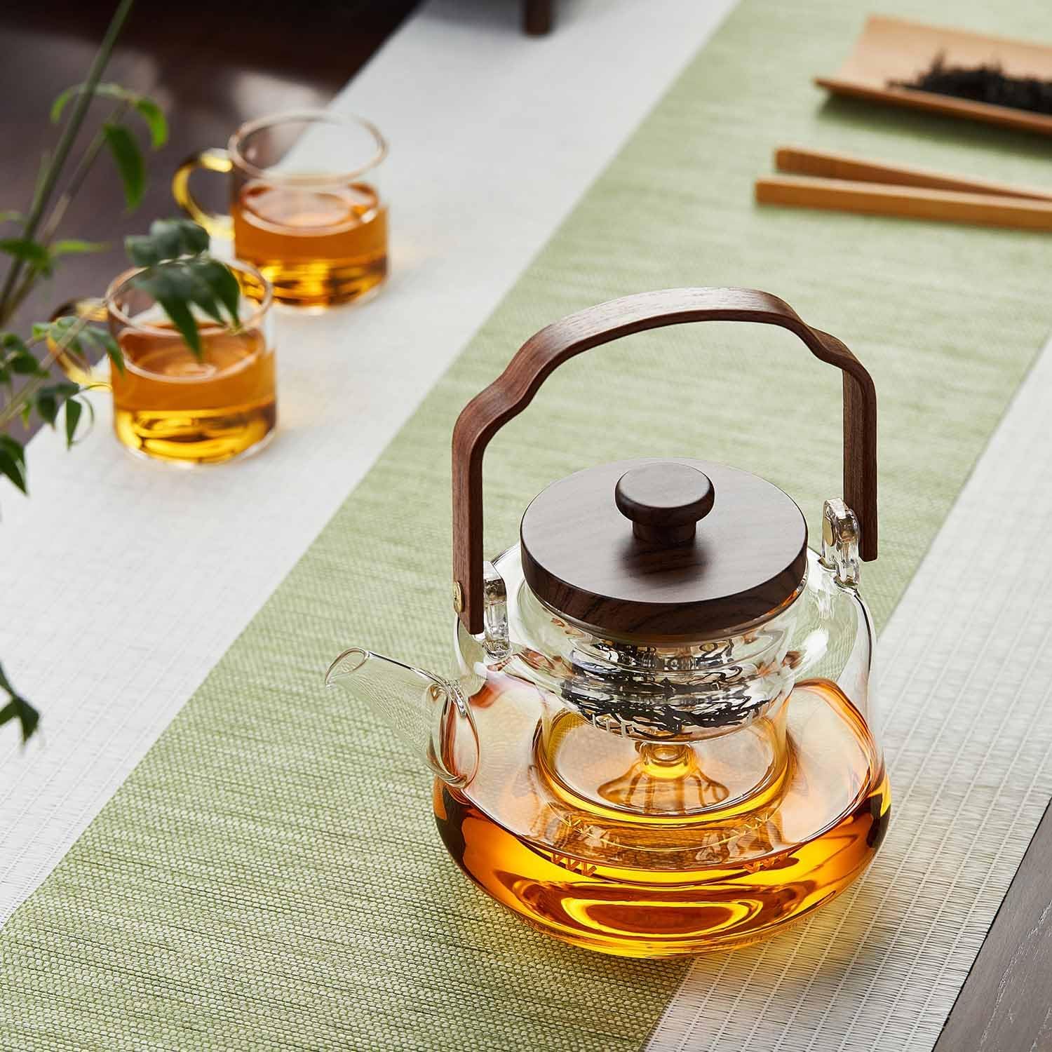 Pocarati Heat-Resistant Glass Teapot 1090ml – Wooden Handle, Tea Strainer, Direct Flame Safe