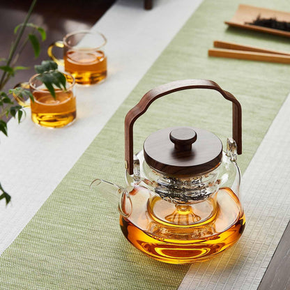 Pocarati Heat-Resistant Glass Teapot 1090ml – Wooden Handle, Tea Strainer, Direct Flame Safe