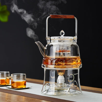 Pocaroty Heat-Resistant Glass Teapot 1060ml – Lotus Base Design, Wooden Handle, Integrated Tea Steamer, Direct Flame Safe