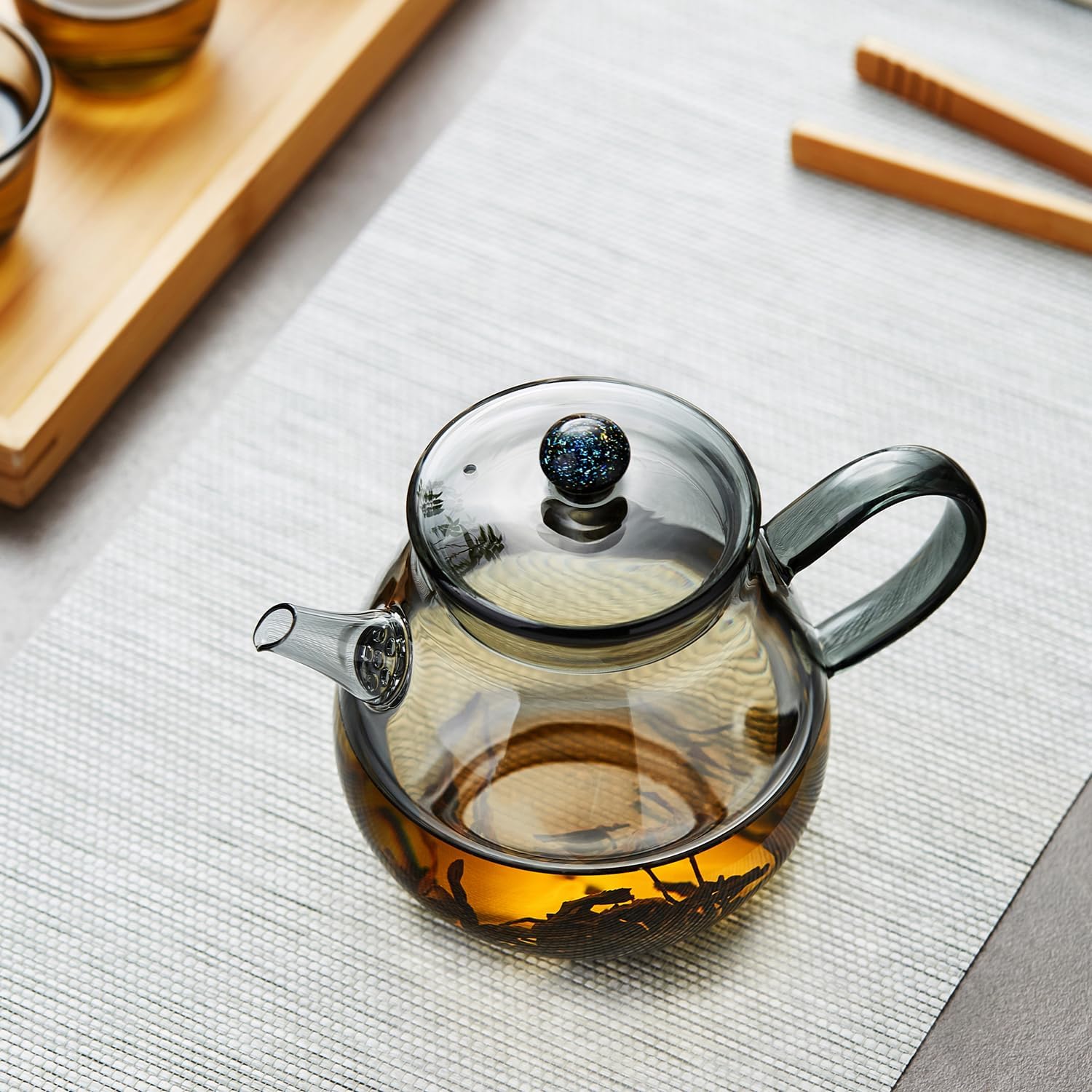 Pokaroty Heat-Resistant Glass Teapot 370ml – Ink Design, Integrated Spout Filter, Japanese Style Compact Teapot