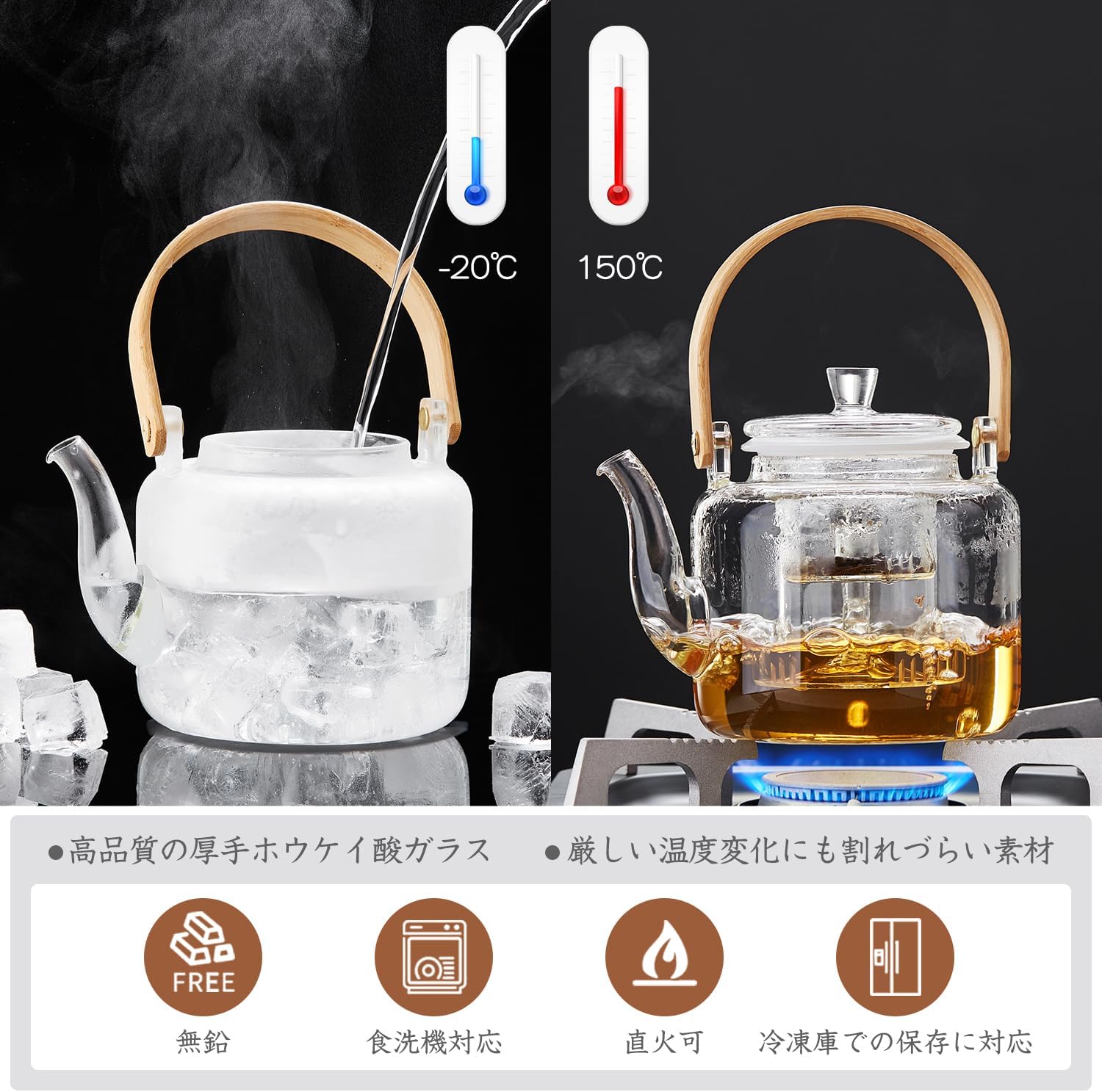 Ransawa Heat-Resistant Glass Teapot 1000ml – Clear Kettle, Direct Fire Safe, with Glass Tea Strainer
