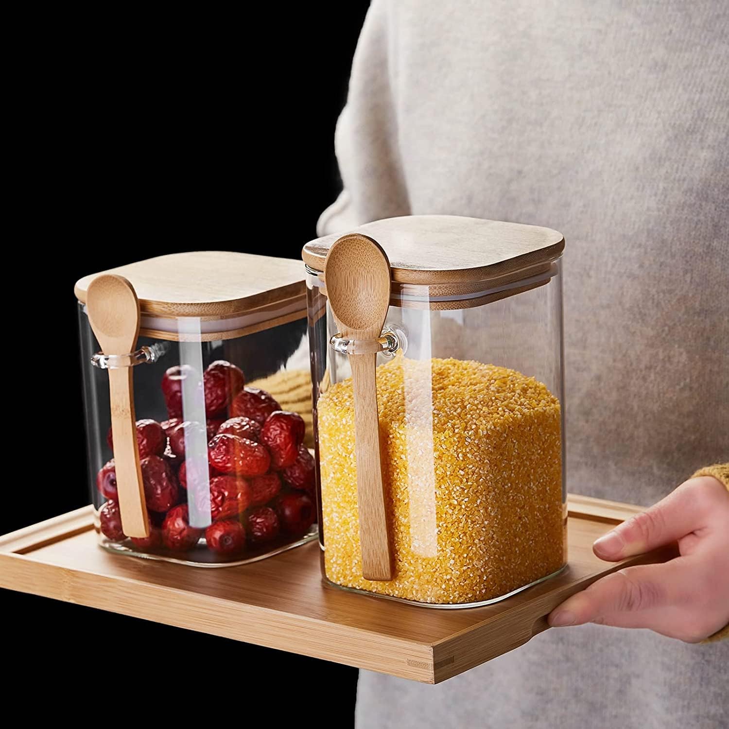 Glass Storage Canisters – 1150ml Set of 2 with Airtight Bamboo Lids &amp; Spoons
