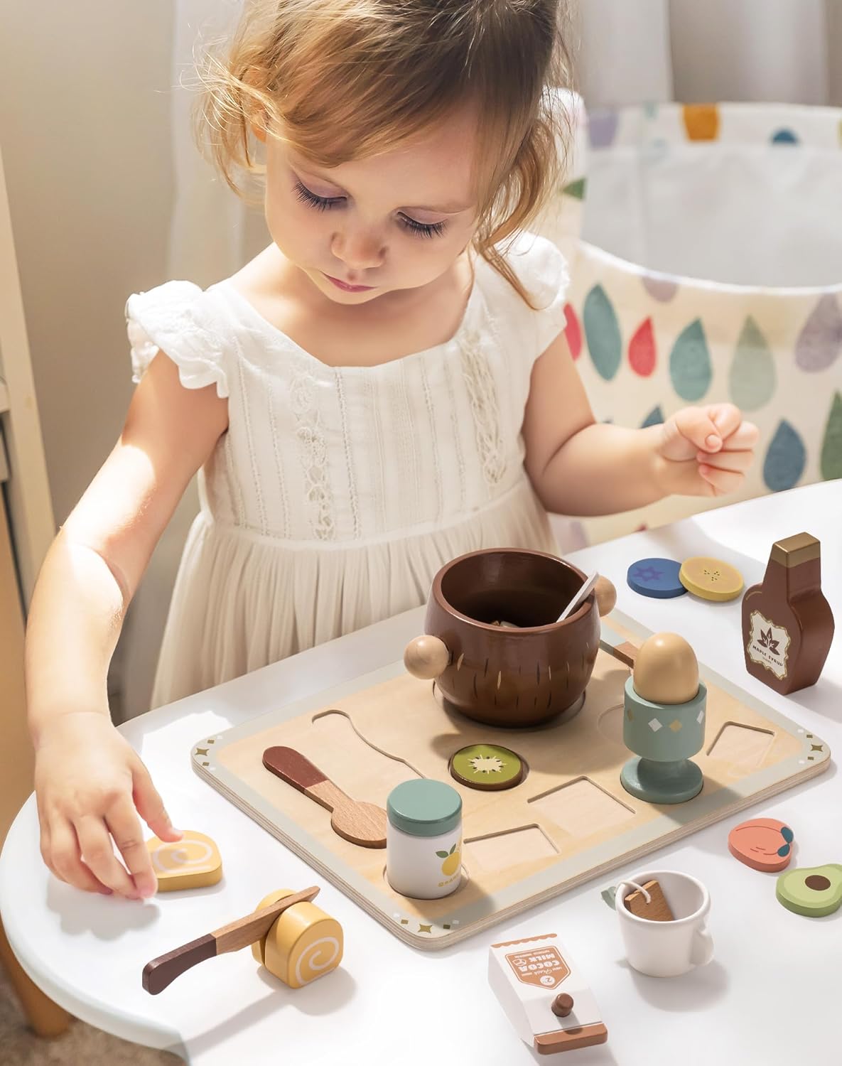 ROBOTIME Wooden Play Food Set for Kids – Pretend Kitchen Toy Breakfast Food Accessories with Tray