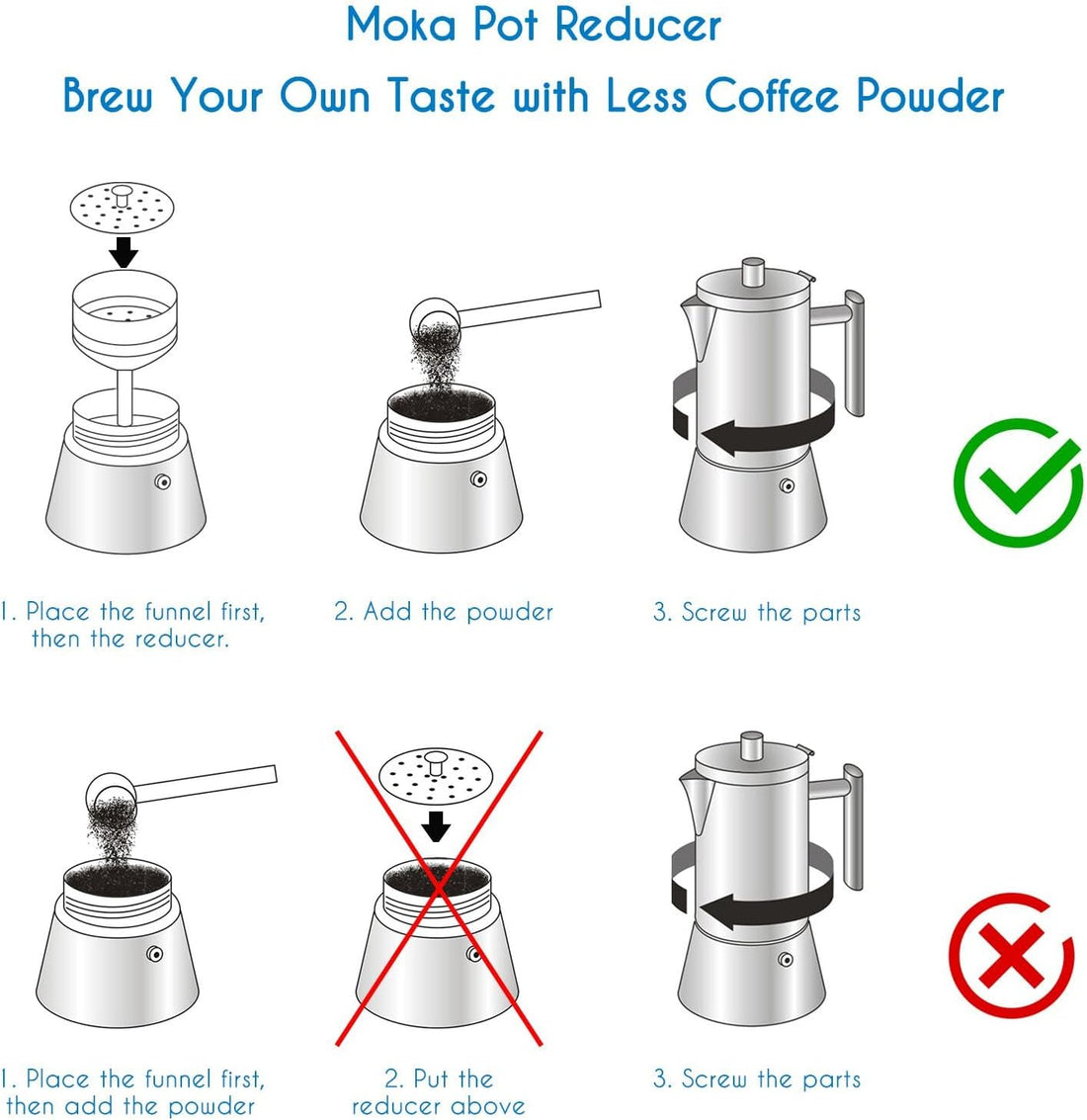 Easyworkz Stainless Steel Moka Pot Funnel &amp; Reducer Set – Replacement Espresso Maker Parts, 6-Cup