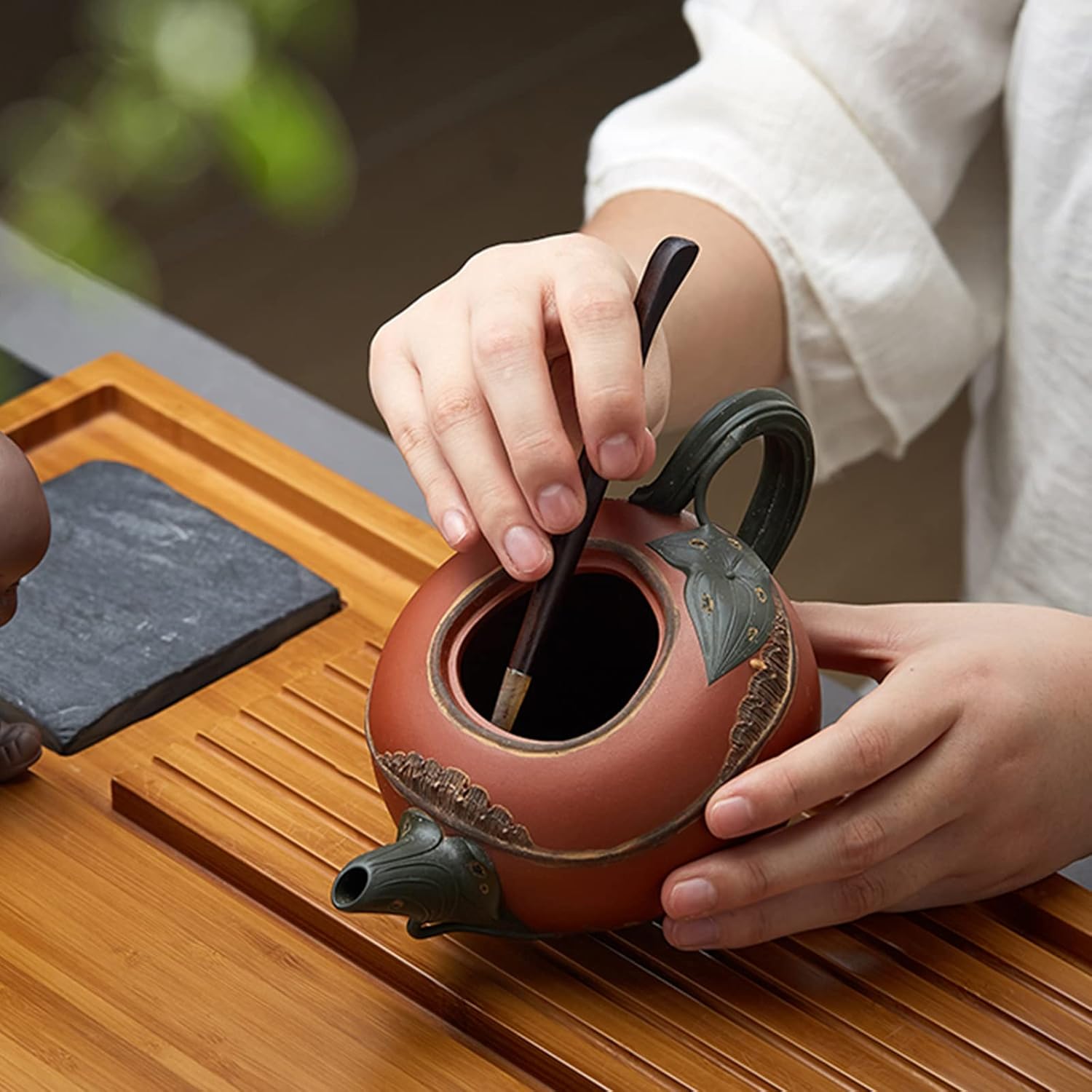 Pokaroty Traditional Tea Ceremony Set – Black Ceramic Teaware with Ebony Wood Accessories