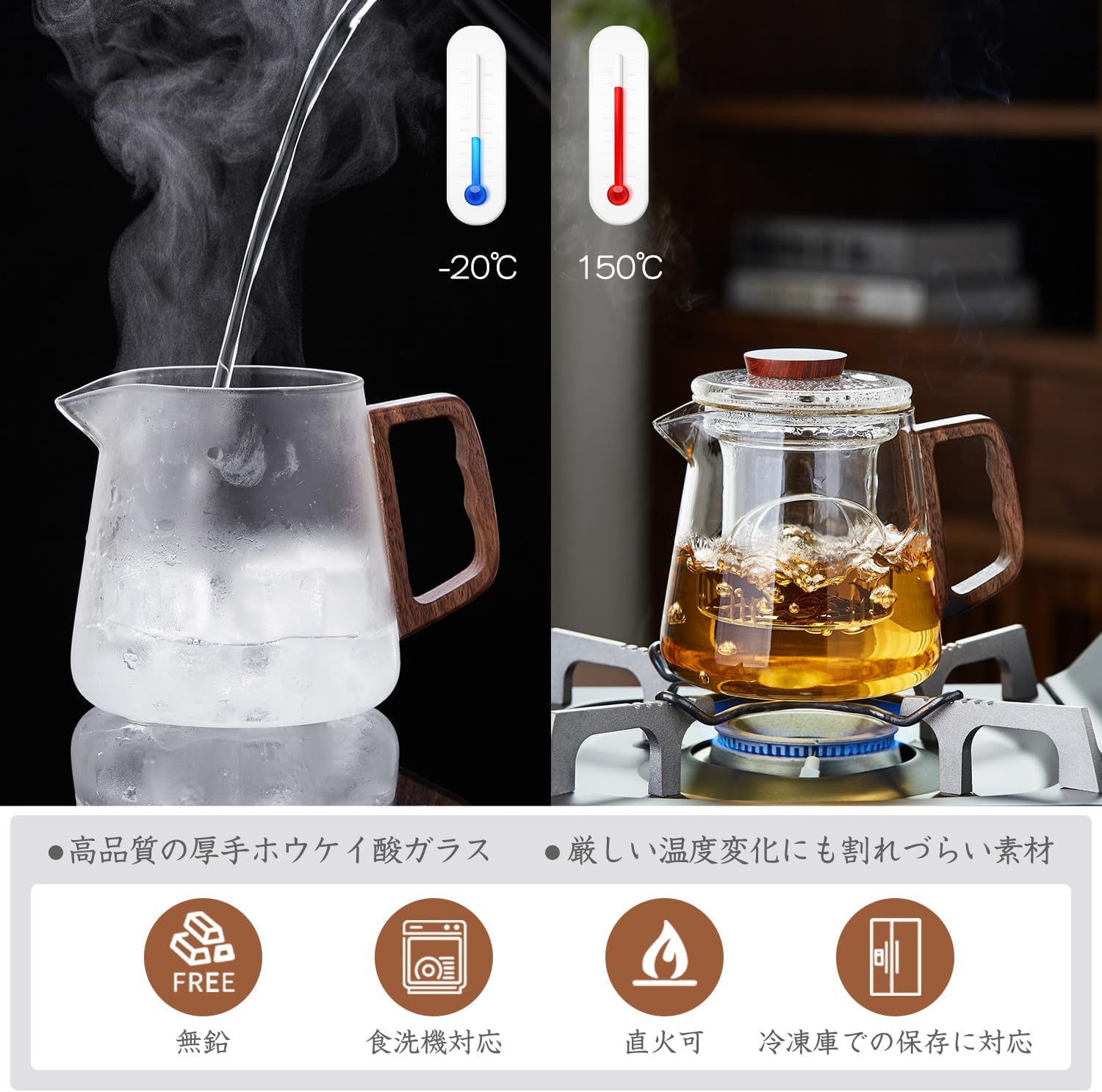 Handmade Heat-Resistant Glass Teapot 650ml – Direct Fire Safe with Wooden Handle &amp; Tea Infuser