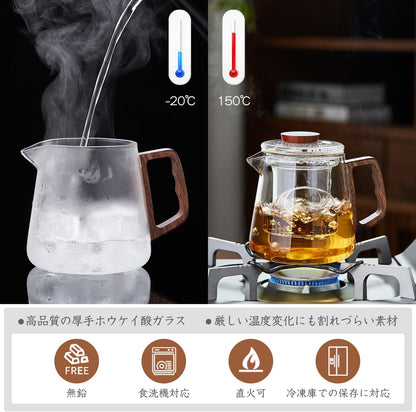 Handmade Heat-Resistant Glass Teapot 650ml – Direct Fire Safe with Wooden Handle &amp; Tea Infuser