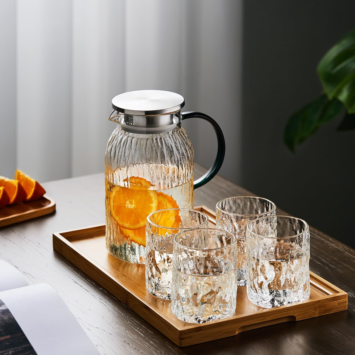 Pocarati Heat-Resistant Glass Pitcher – 1500ml Wood Grain Design Water Carafe