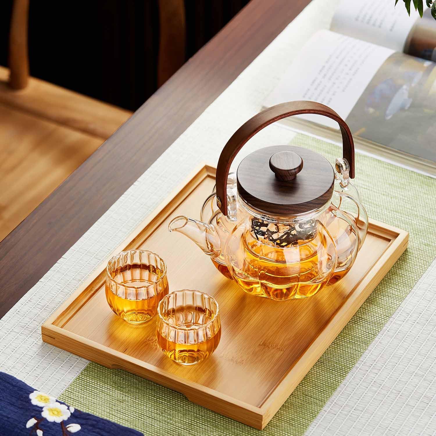 Heat-Resistant Glass Pumpkin Teapot 940ml – Vertical Stripe Design with Tea Strainer &amp; Wooden Handle