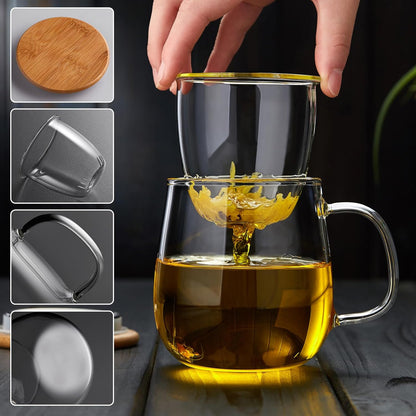 Pocarati Glass Tea Cup – 500ml Heat-Resistant Mug with Removable Infuser &amp; Bamboo Lid