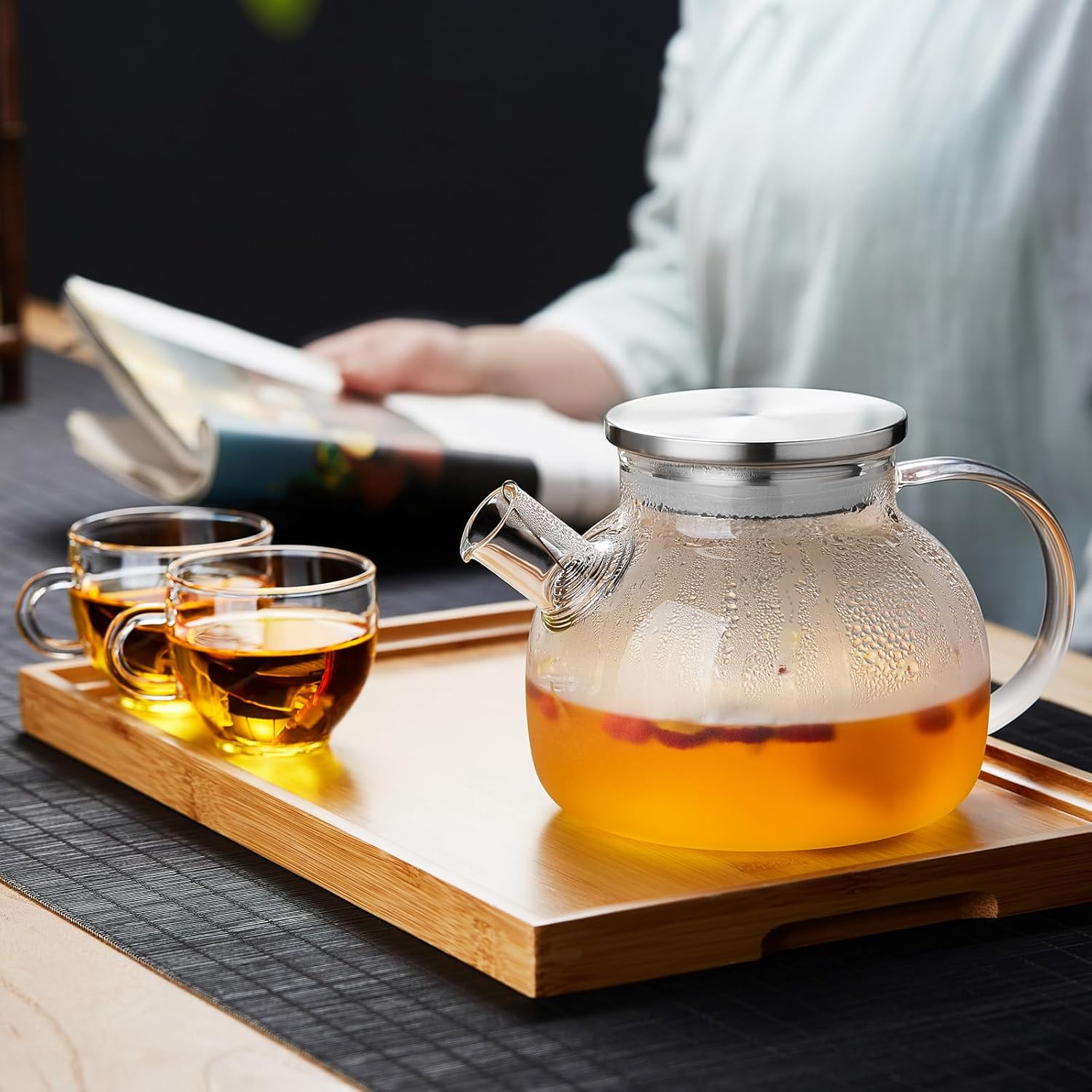 Pocaroti Frosted Glass Teapot 1000ml – Heat-Resistant, Direct Fire Safe with Stainless Steel Lid