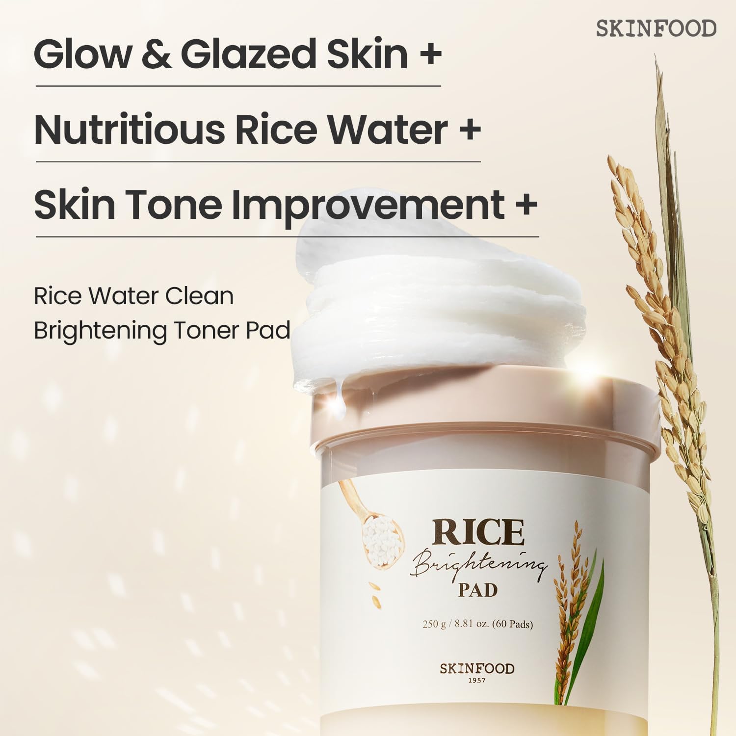 SKINFOOD Rice Brightening Toner Pads – Moisturizing Korean Skincare Pads (250g, 60 Sheets)