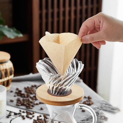 Heat-Resistant Glass Coffee Dripper – High-Clarity Tornado Pour Over Brewer with Bamboo Base