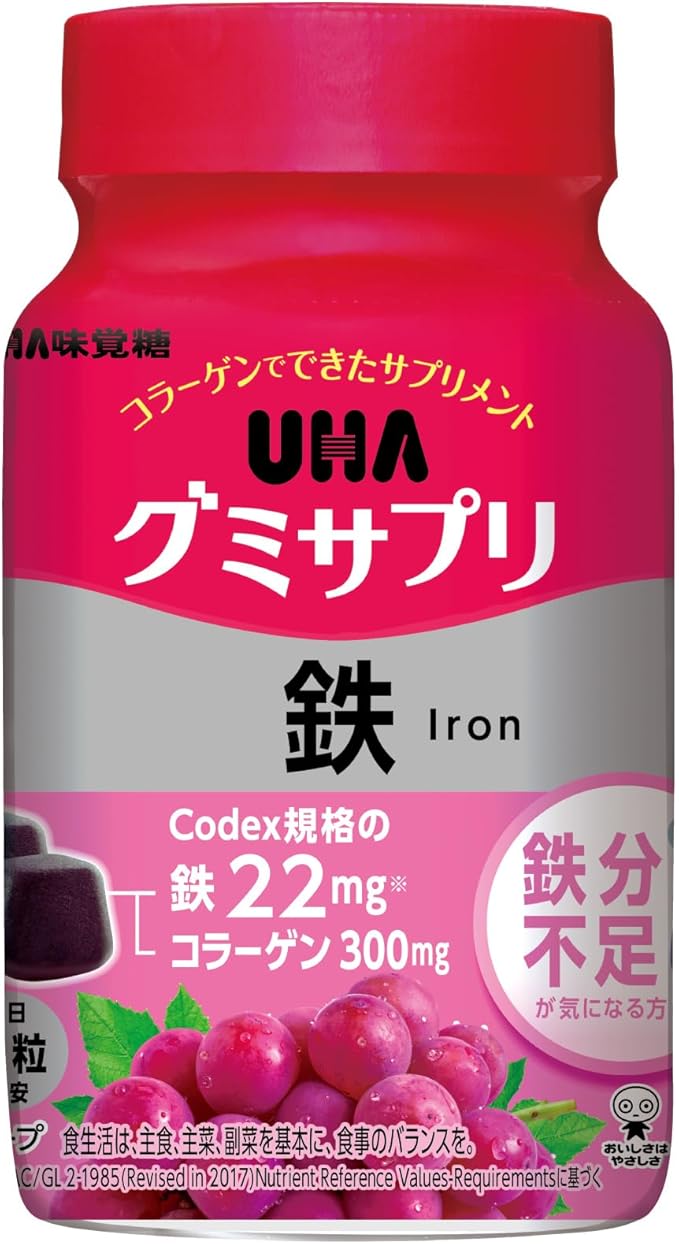 UHA Mikakuto Gummy Supplement, Iron, 30 Day Supply, 60 Capsules, 2 Tablets Per Day, Grape Flavor