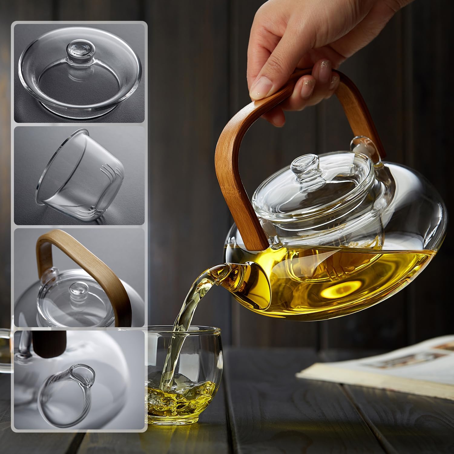 Heat-Resistant Glass Teapot 800ml – Bamboo Handle, Flat Design, Direct Fire Safe