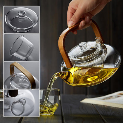 Heat-Resistant Glass Teapot 800ml – Bamboo Handle, Flat Design, Direct Fire Safe
