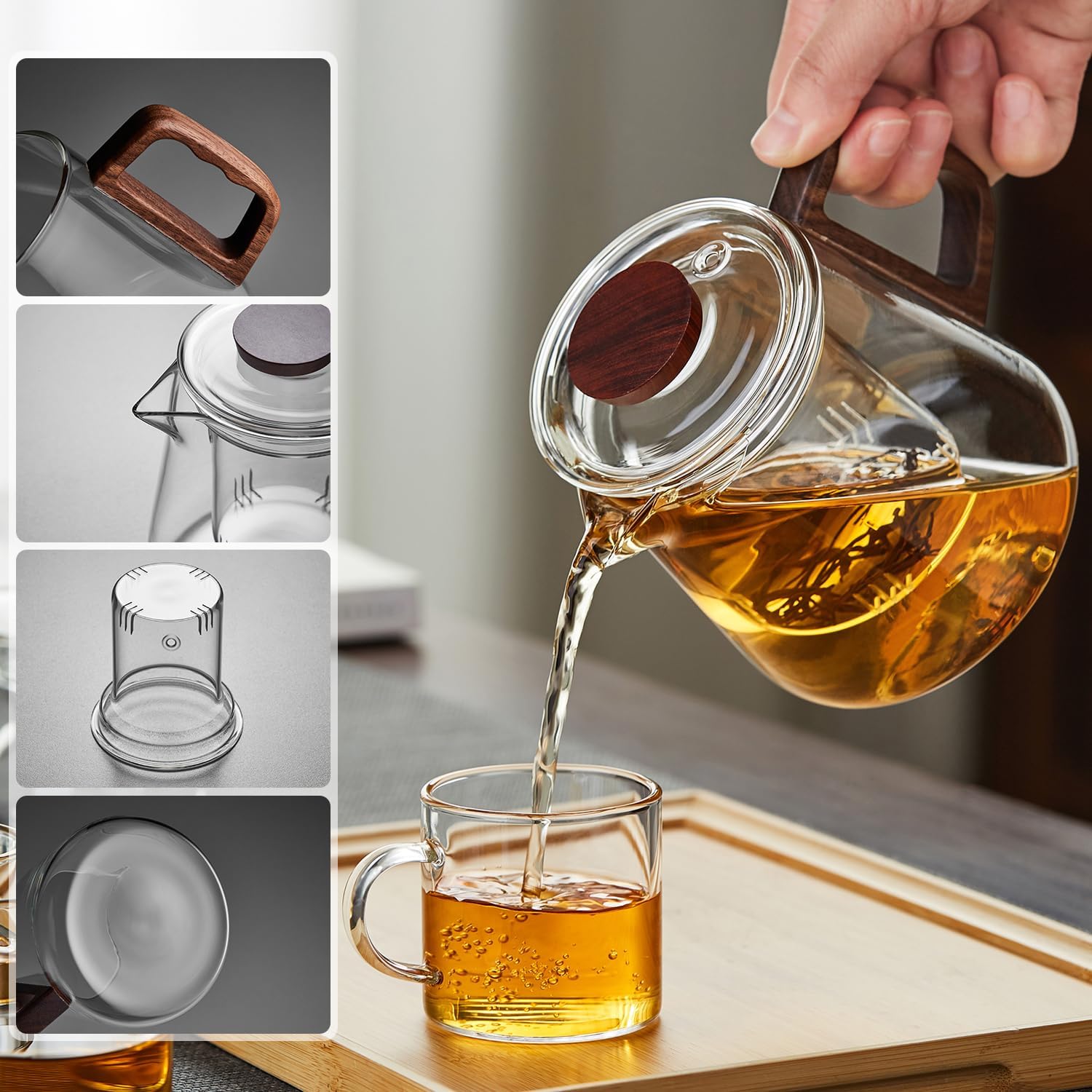 Handmade Heat-Resistant Glass Teapot 650ml – Direct Fire Safe with Wooden Handle &amp; Tea Infuser