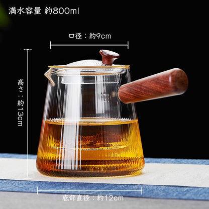 Pokaloti Heat-Resistant Glass Teapot 800ml – Wooden Handle, Transparent Infuser, Open Flame Safe