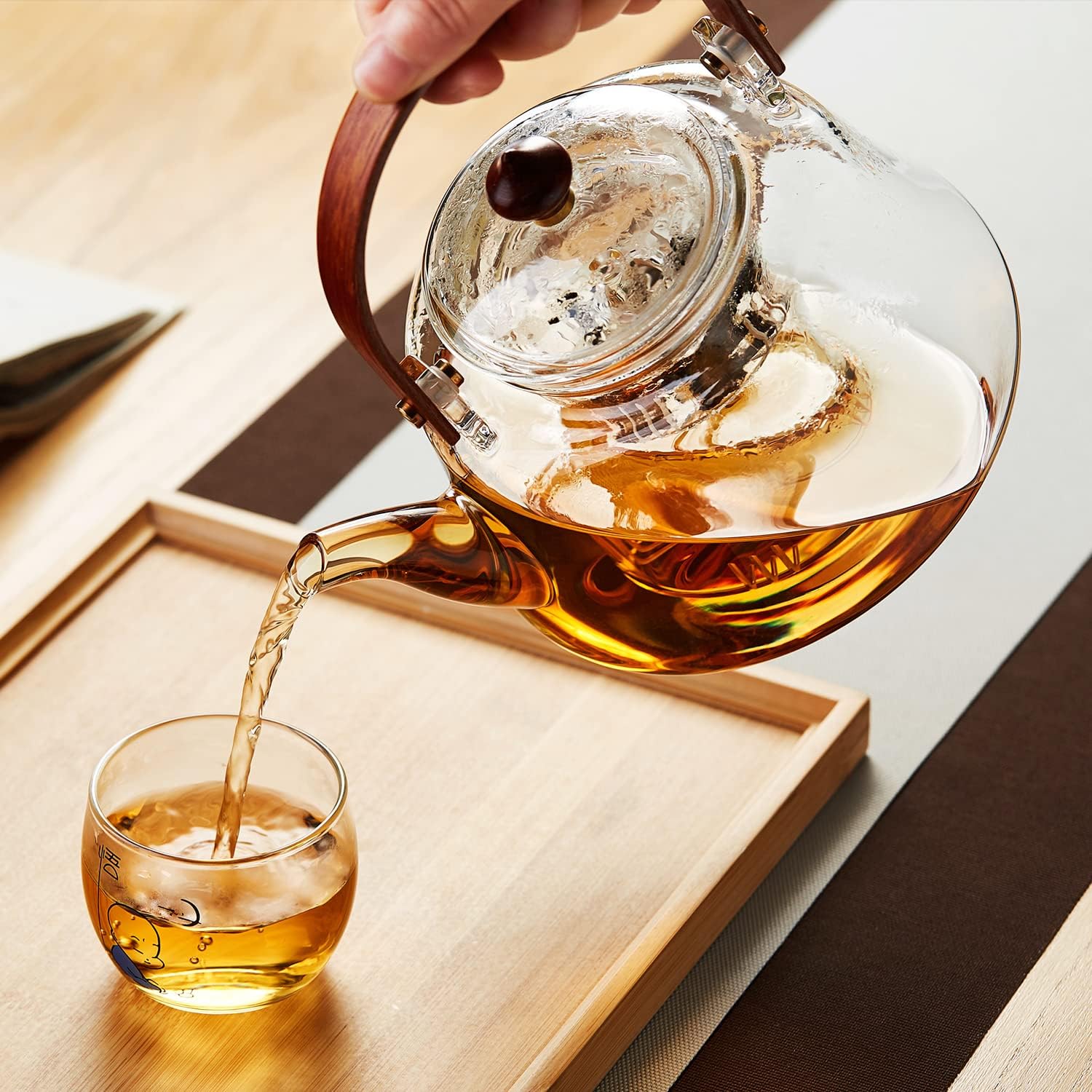 Pocarati Morning Glory Borosilicate Glass Teapot 1250ml – Heat Resistant, Direct Flame Safe with Wooden Handle &amp; Dual Tea Strainers