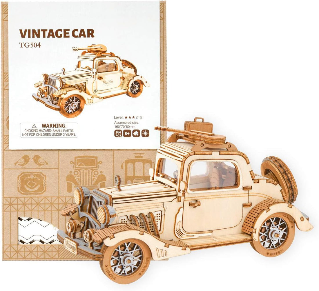 ROBOTIME Classic Car TG504 3D Wooden Puzzle – DIY Craft Model Kit, Educational Toy for Adults &amp; Kids